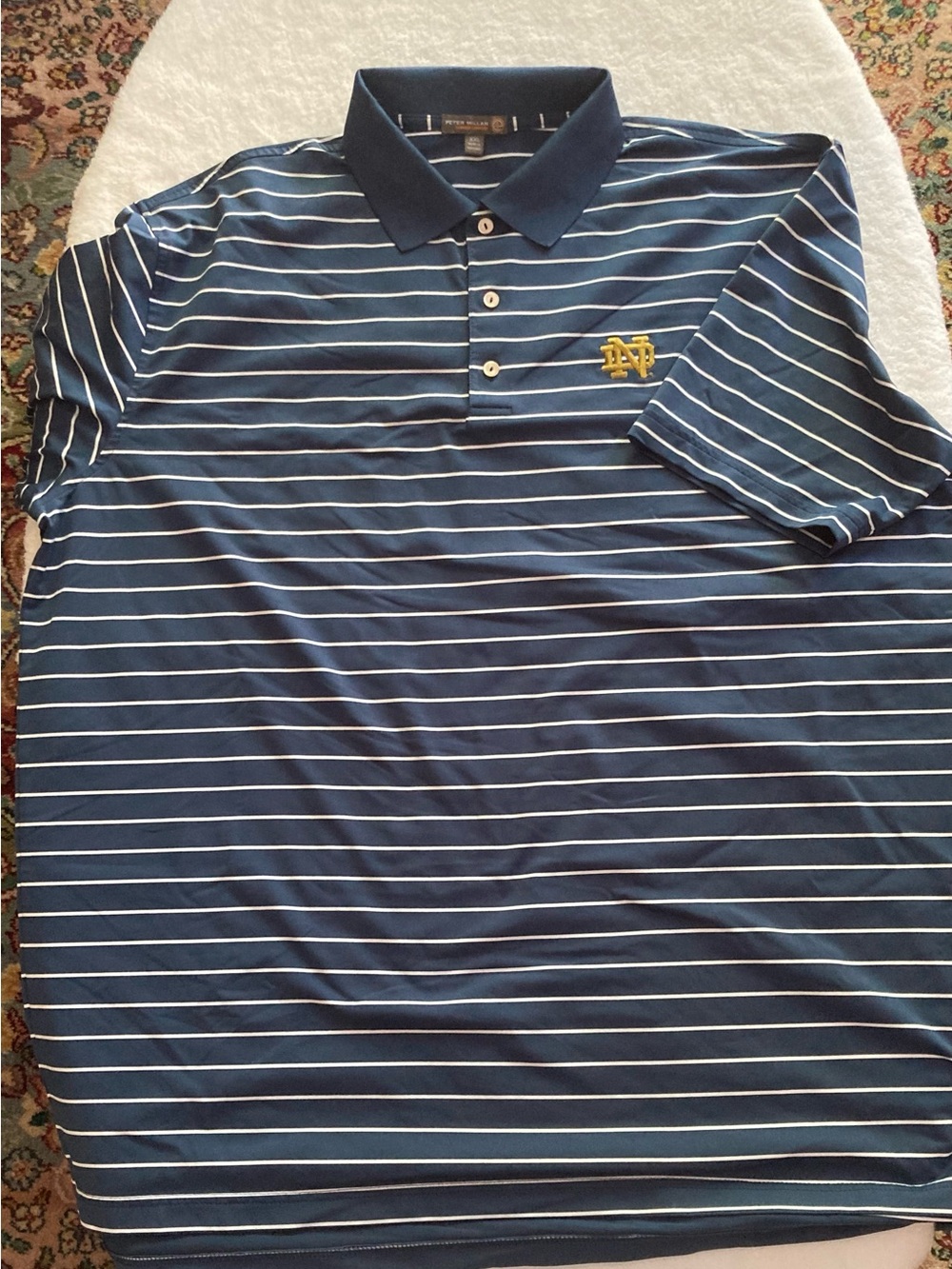 Peter Millar Navy and White Striped Polo with Gold Embroidered Logo